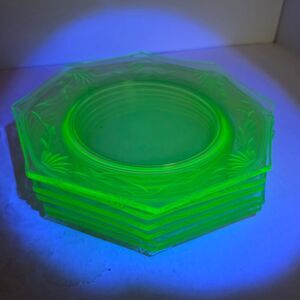 Uranium Glass Salad Plates 8" Set of 6 Green Octagonal Etched Floral Depression